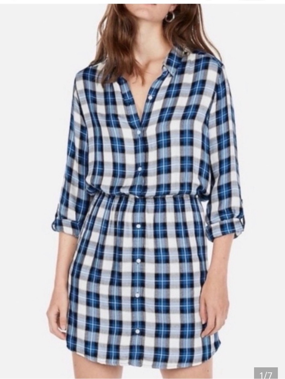 NWT Express Blue and White Plaid Button-Front Shirt Dress